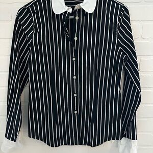 Lauren Black and White Striped Button-Up Shirt with Contrast Collar